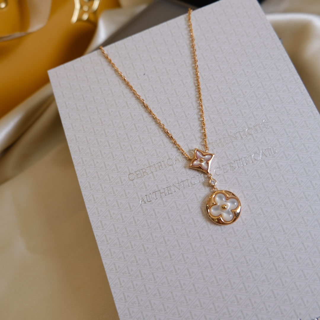 [Glitter Jewelry]STAR AND SUN WHITE MOP 2 MOTIF PINK GOLD NECKLACE