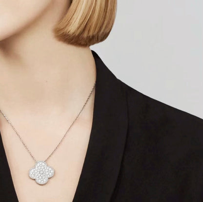 [Glitter Jewelry]CLOVER 25MM LARGE PENDANT DIAMOND PAVED SILVER NECKLACE