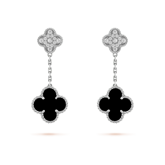 [Glitter Jewelry]CLOVER 2 MOTIFS  DIAMOND ONYX EARRINGS SILVER