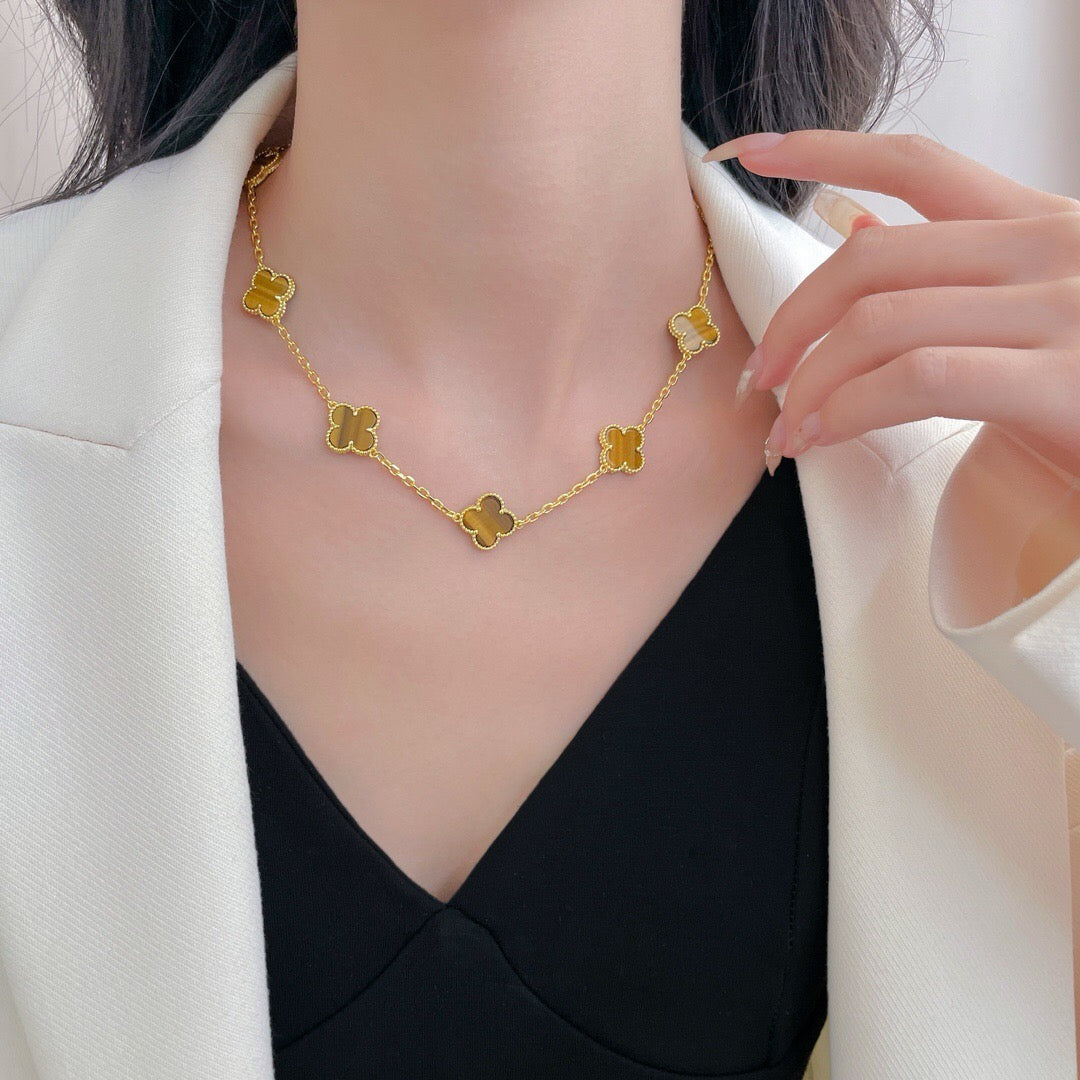 [Glitter Jewelry]CLOVER 10 MOTIFS TIGER EYE NECKLACE
