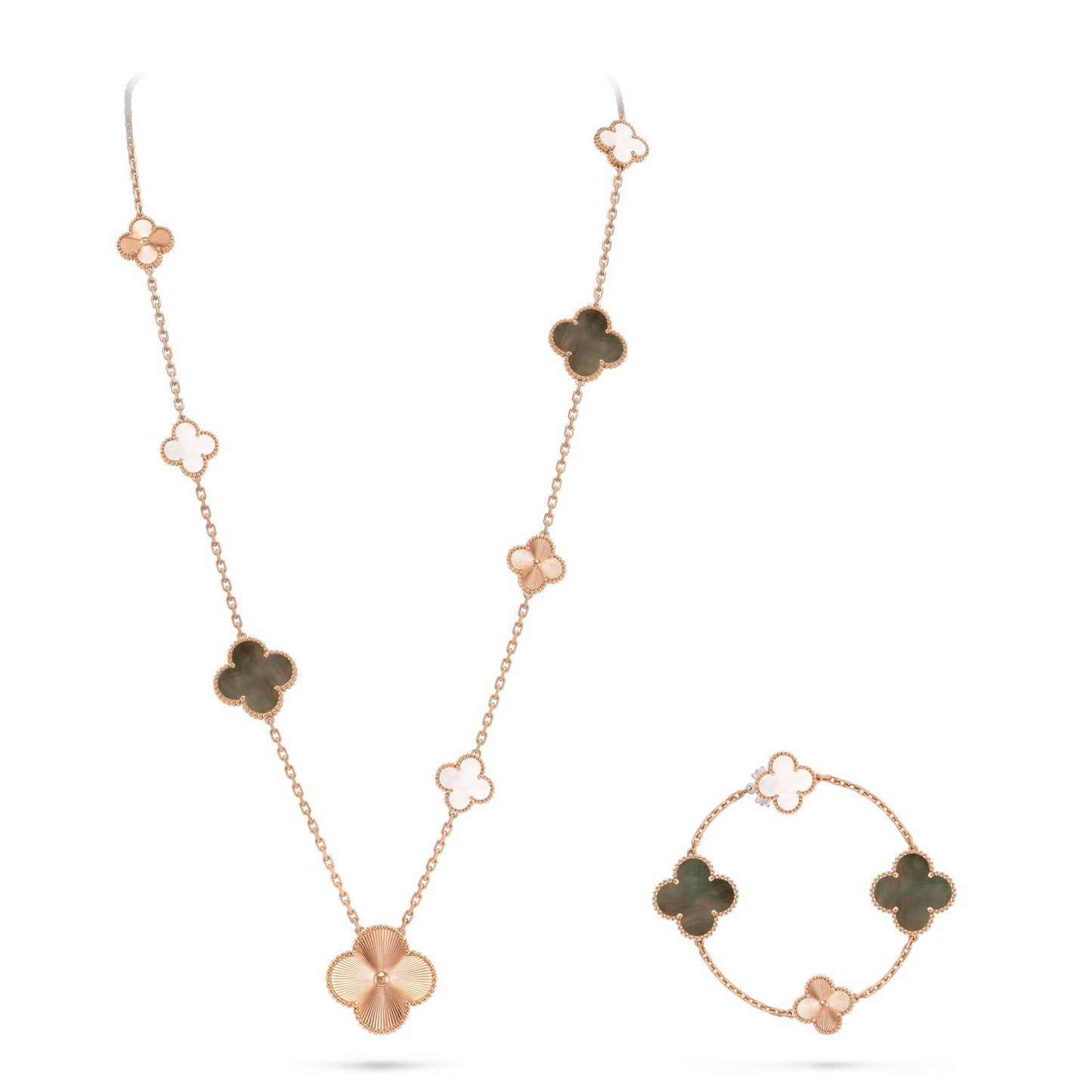 [Glitter Jewelry]DETACHABLE CLOVER 15(11+4) FLOWER ROSE GOLD NECKLACE SET