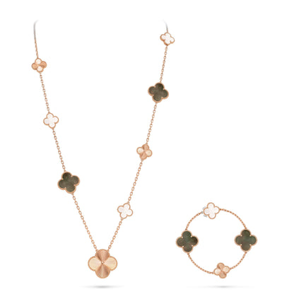 [Glitter Jewelry]DETACHABLE CLOVER 15(11+4) FLOWER ROSE GOLD NECKLACE SET