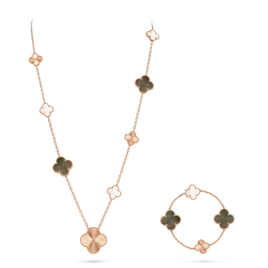 [Glitter Jewelry]DETACHABLE CLOVER 15(11+4) FLOWER ROSE GOLD NECKLACE SET