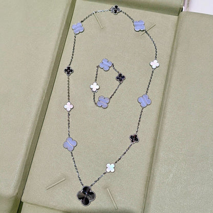 [Glitter]DETACHABLE CLOVER 15(11+4) FLOWER SILVER NECKLACE SET