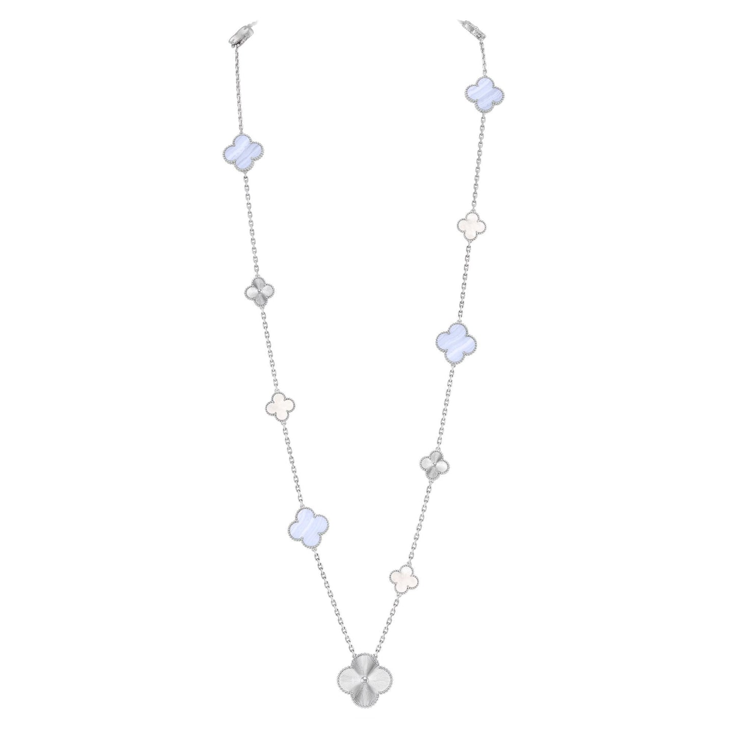 [Glitter Jewelry]DETACHABLE CLOVER 15(11+4) FLOWER SILVER NECKLACE SET