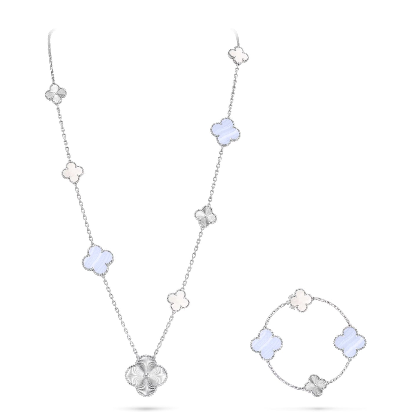 [Glitter]DETACHABLE CLOVER 15(11+4) FLOWER SILVER NECKLACE SET