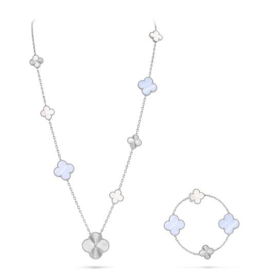 [Glitter]DETACHABLE CLOVER 15(11+4) FLOWER SILVER NECKLACE SET