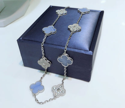[Glitter Jewelry]CLOVER 10 MOTIFS CHALCEDONY DIAMONDS SILVER NECKLACE